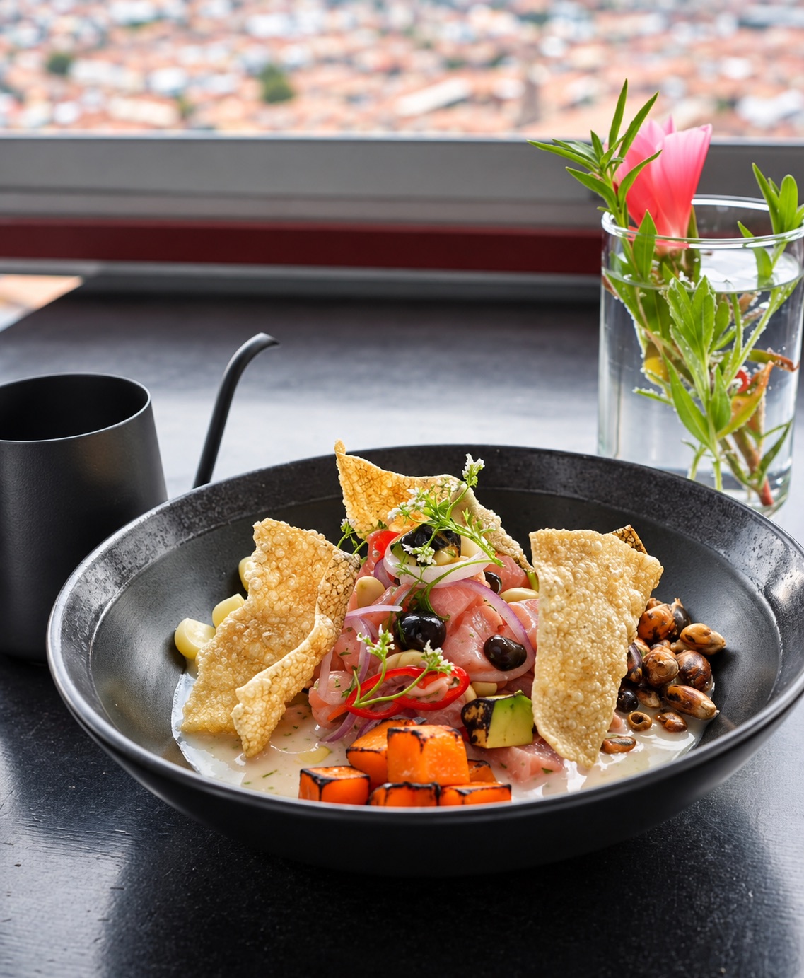 Plato de CIMA frente a una vista panorámica de Cusco